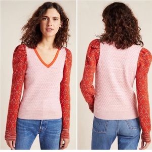 Anthropologie Cherie Puff-Sleeved Contrast Soft Sweater size small